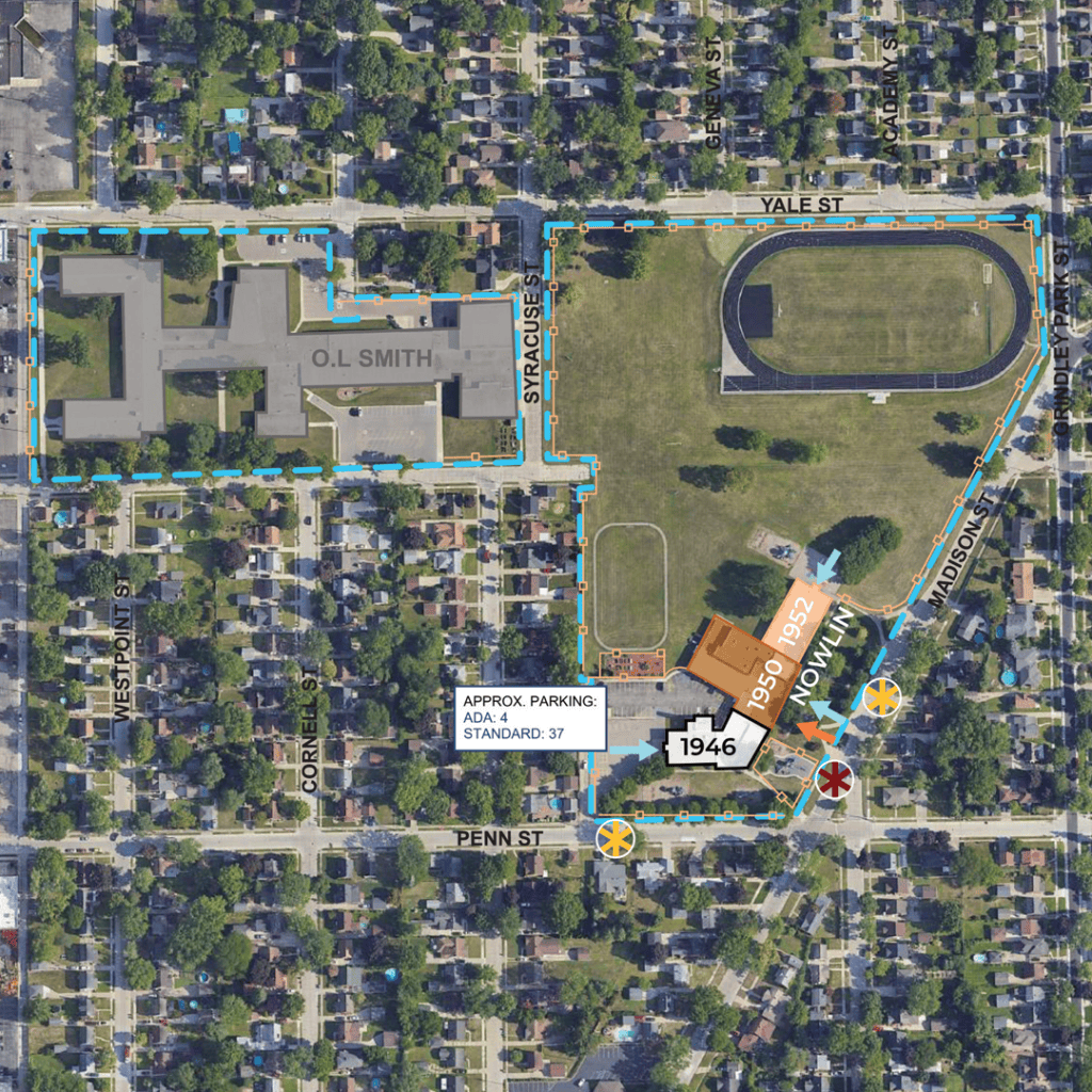 An illustration showing the years different parts of Nowlin Elementary were constructed including 1946, 1950 and 1952.