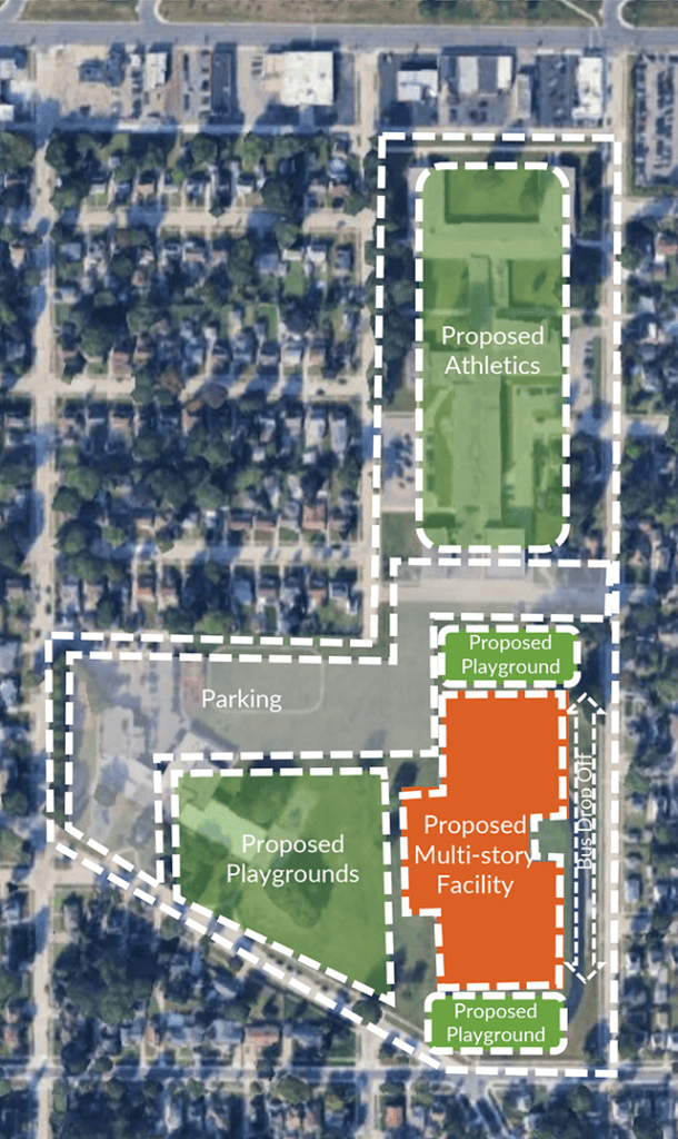An illustration of where the new Nowlin-Smith School would be built on the campus the two schools currently share.